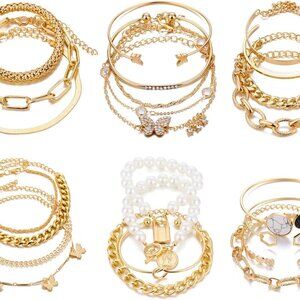 6 PACK 24 PCS Boho Gold Chain Bracelets Set for Women, 14K Gold Plated Multiple